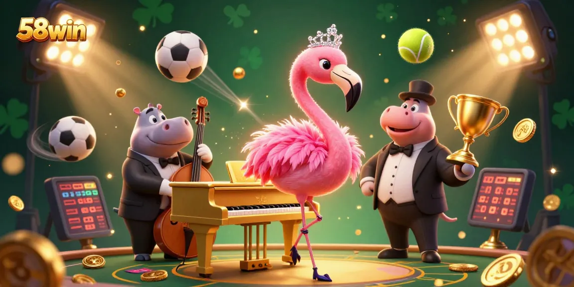 Engage with 58win in a vibrant casino world featuring a flamingo singer and a hippo bassist, surrounded by dynamic sports elements.