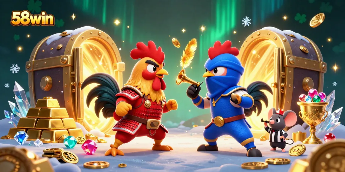 Engage in thrilling gameplay with 58win as roosters battle amidst glimmers of gold and jewels.