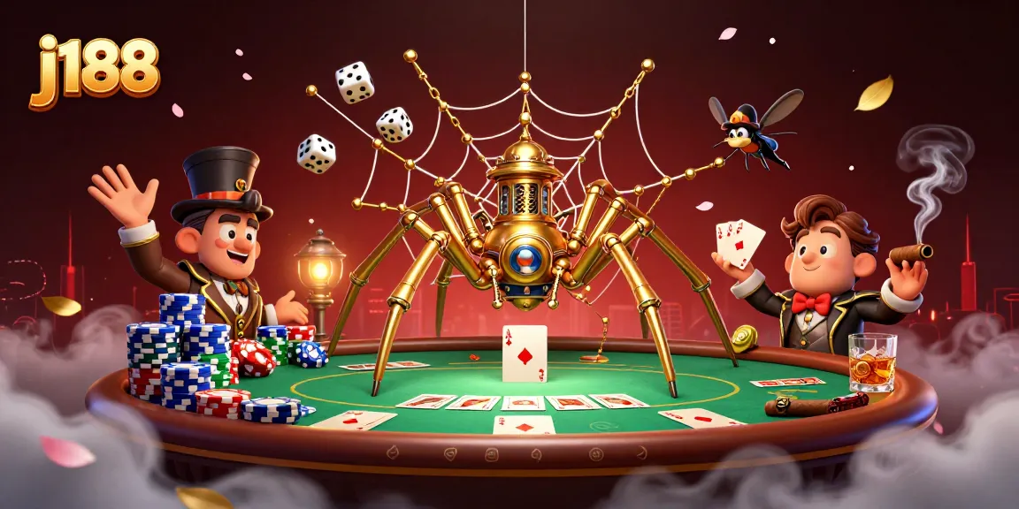 j188 showcases a golden spider capturing dice in a vibrant casino setting, enhancing players' experience.