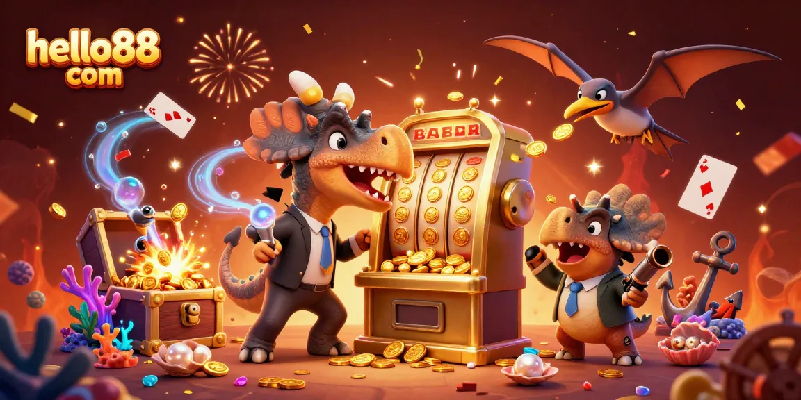 Watch hello88 com's cartoon scene of a dinosaur hitting a slot machine for jackpot coins!