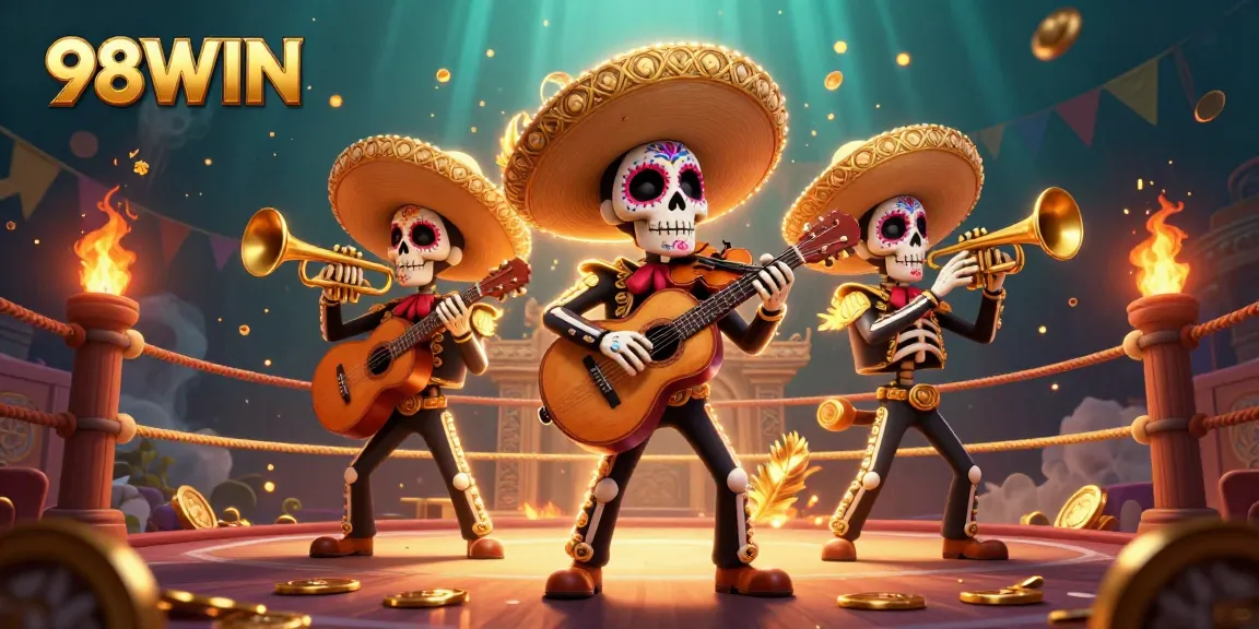 Experience the excitement of 98WIN with a vibrant mariachi band amidst a thrilling casino setting.