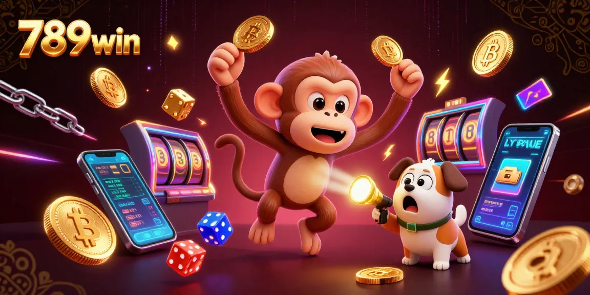 Experience the excitement of 789win with a playful ghost-hunter puppy tracking a mischievous poltergeist monkey in a casino.