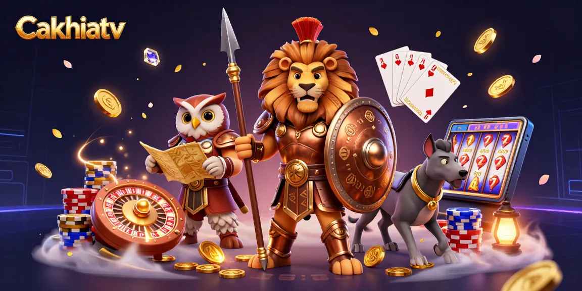 Cakhiatv features a heroic Spartan lion, tactical owl, and greyhound amidst dynamic casino elements.