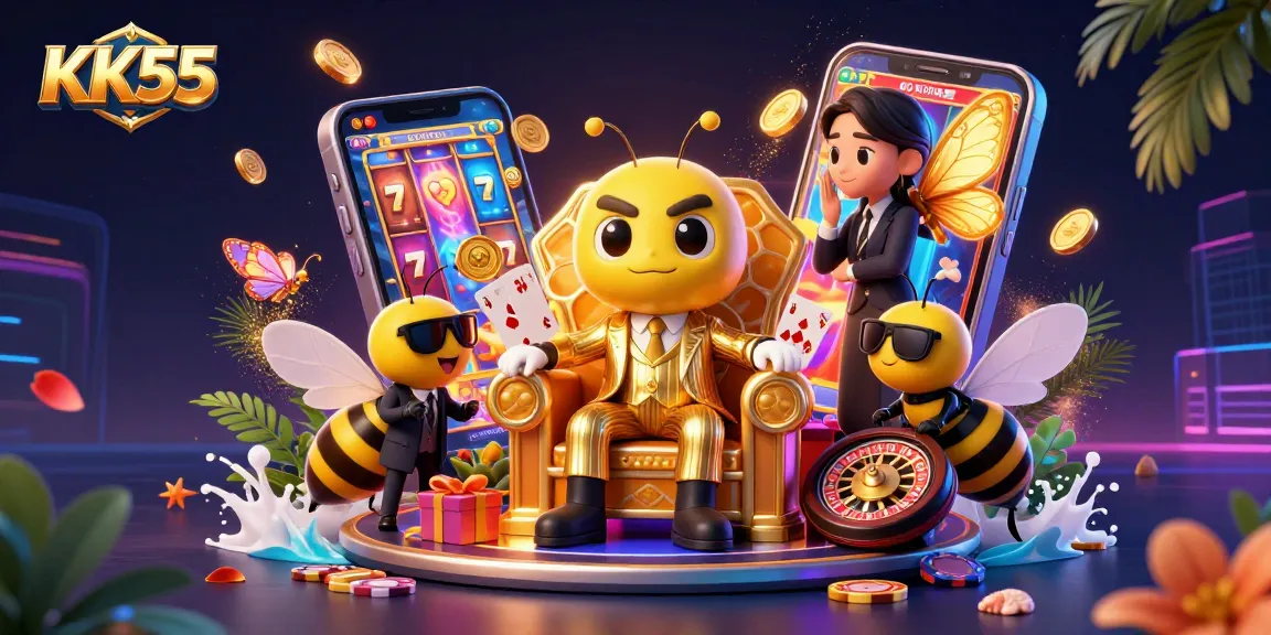 Experience the excitement of KK55 with vibrant imagery showcasing a cartoon bee mob boss and thrilling casino elements.