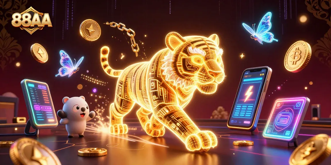 Experience exciting casino gaming at 88AA with a neon-lit digital landscape and vibrant cryptocurrency elements.