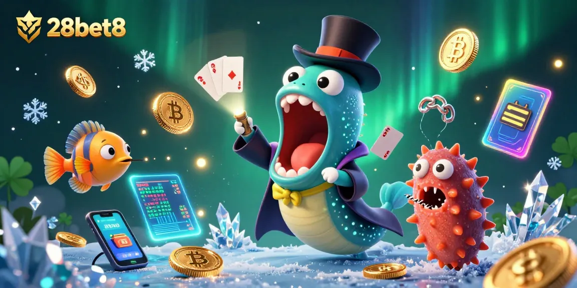 Experience thrilling gaming at 28bet8 with a vibrant underwater casino scene featuring unique characters and crypto elements.