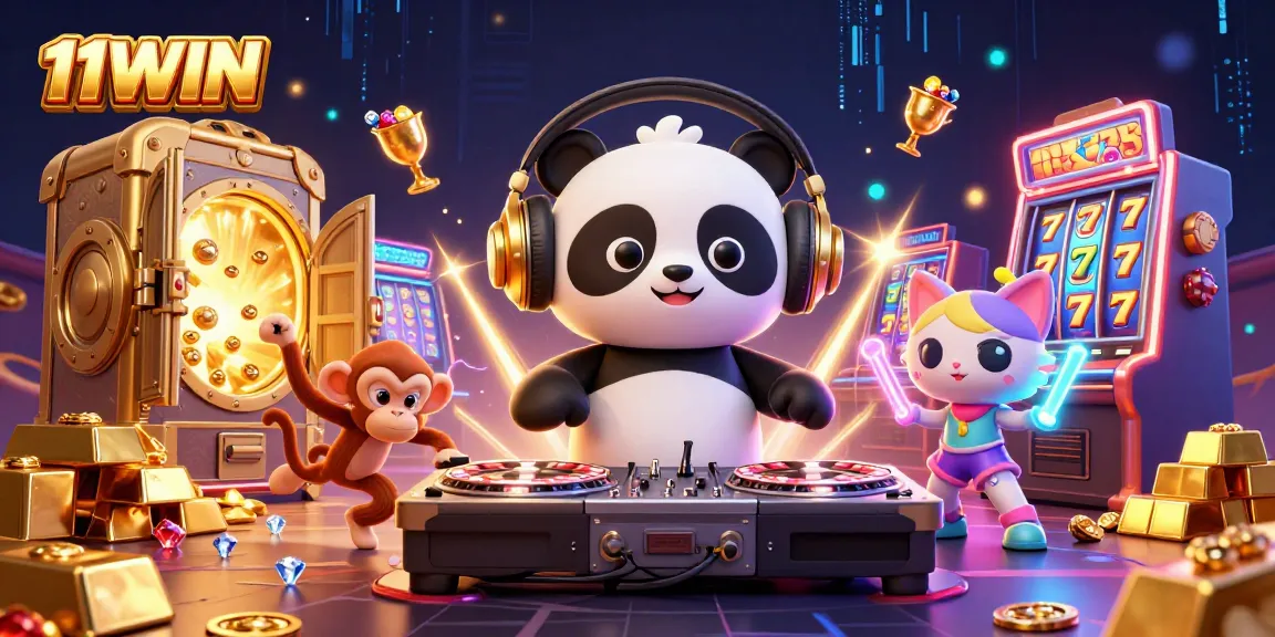 Engage with thrilling games at 11WIN featuring a DJ panda, treasure, and vibrant slot machines.