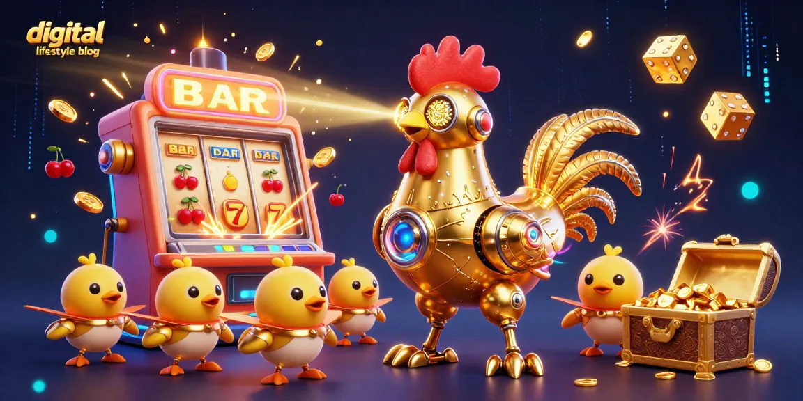 Catch exciting moments of a digital lifestyle blog with a golden rooster shooting lasers amidst casino themes.
