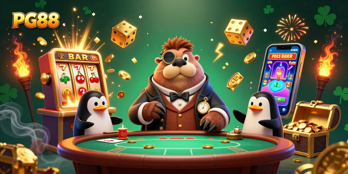 Experience thrilling gaming action at PG88 with an underwater poker scene featuring whimsical characters.