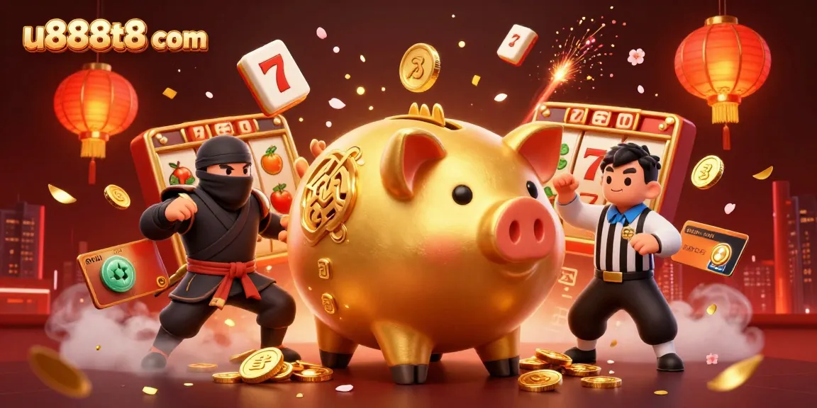 Join the excitement at u888t8 com with a dynamic illustration of a golden piggy bank sumo wrestler, wallet-ninja, and credit-card samurai in a casino atmosphere.