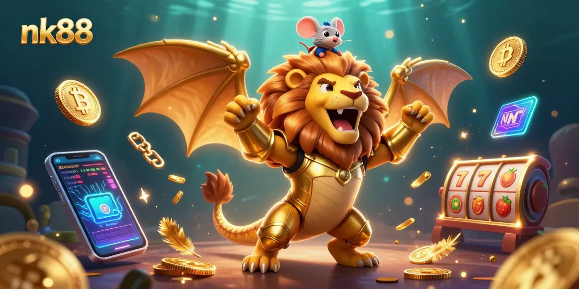 Experience the thrill of nk88 casino with a roaring chimera and cryptocurrency elements in action.