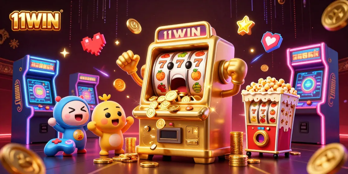 Engage with 11WIN’s exciting features as a golden slot machine celebrates a jackpot!