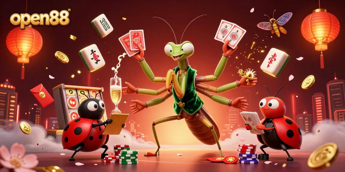 Experience the excitement of open88 with a vibrant, action-packed casino scene featuring unique characters and elements.