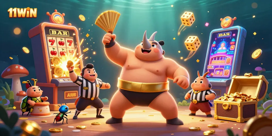 Experience thrilling wins with 11WIN's vibrant casino action, featuring a beetle champion amidst jackpots.