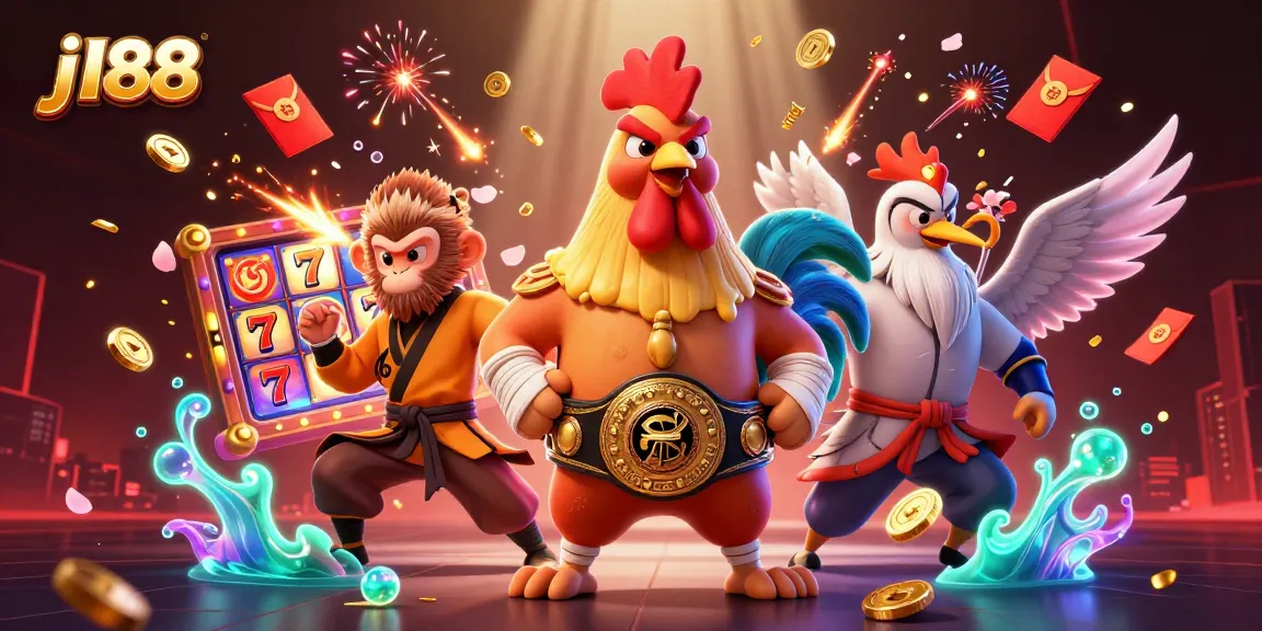 Experience the thrill of j188's vibrant casino scene with martial artists and dynamic slot games.