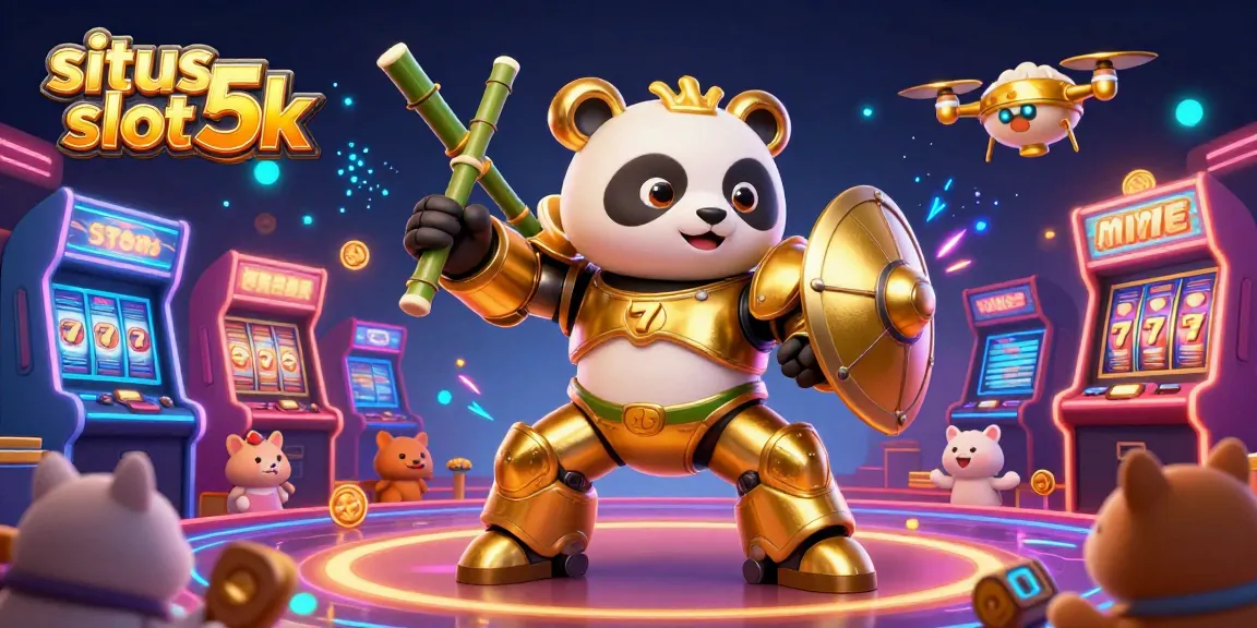 Engage in the excitement of situs slot 5k with a vibrant casino scene featuring a mech-suit panda amidst gaming machines.