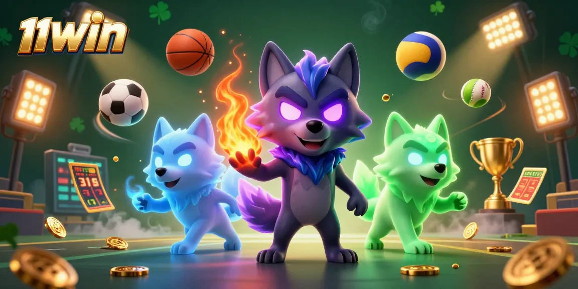 Engage with 11WIN in an exhilarating 3D casino illustration showcasing dynamic sports elements.