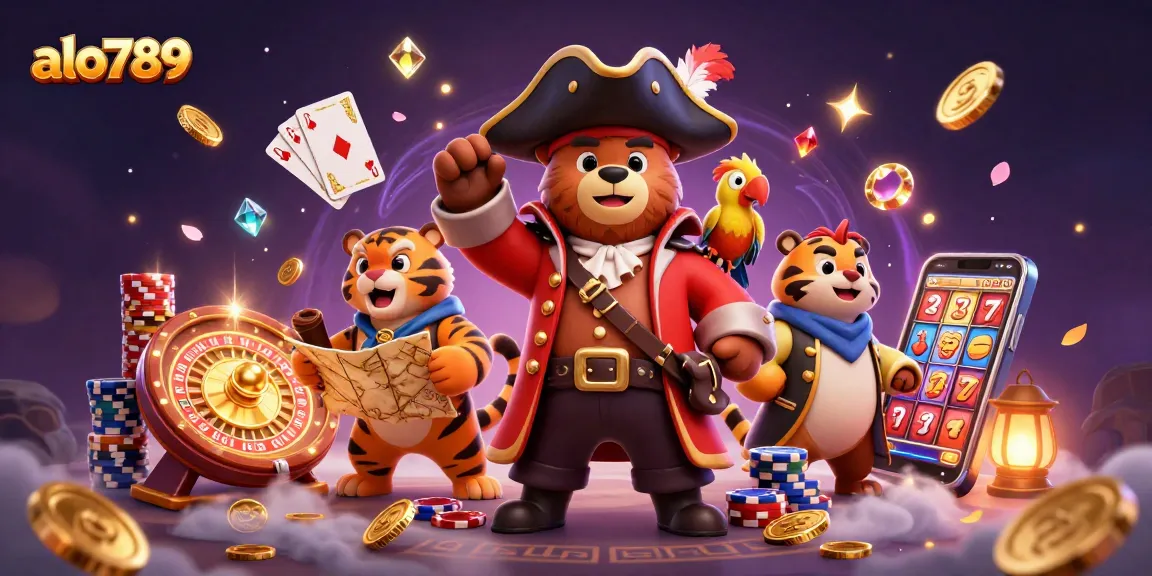 Spin and win at alo789 with an exciting pirate-themed casino adventure featuring a bear, tiger, and treasure!