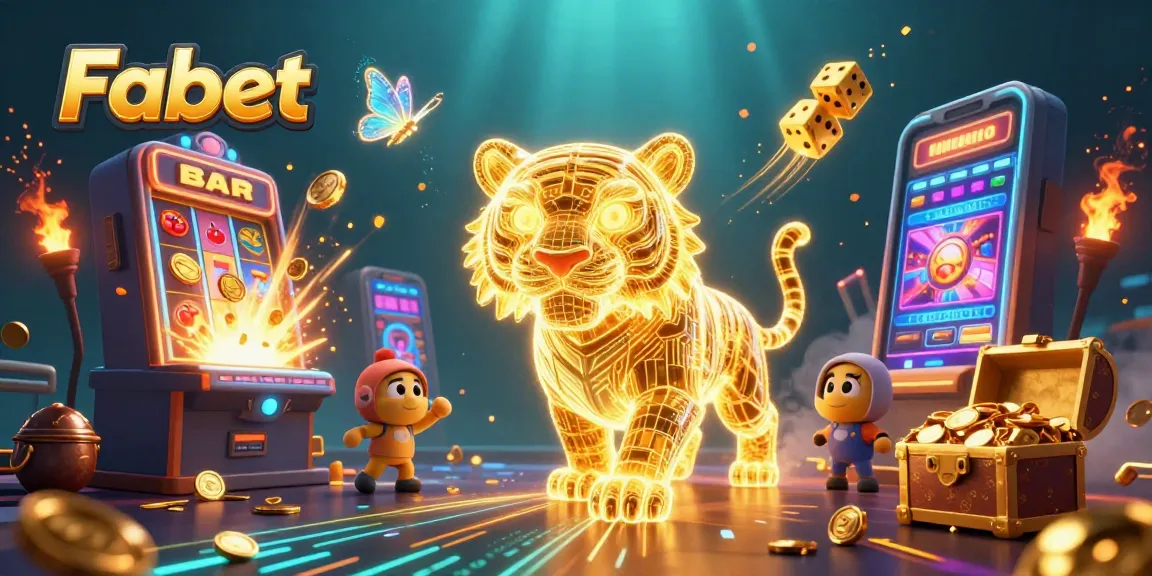 Fabet celebrates wins with a vibrant digital casino scene featuring neon creatures and slot symbols.