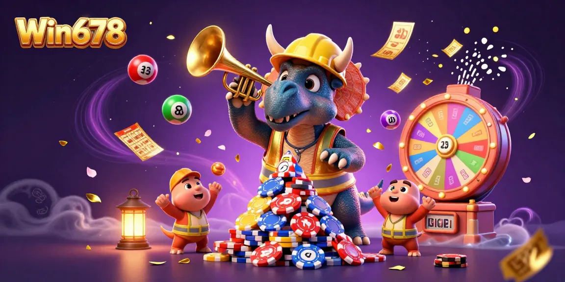 Win678 features an exciting scene with cartoon characters celebrating while engaging in vibrant casino activities.
