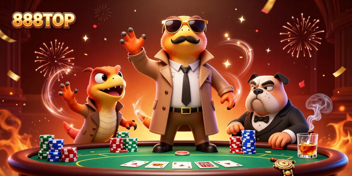 Join the excitement at 888TOP with raptors hilariously attempting to enter the VIP lounge while poker chips fly around.