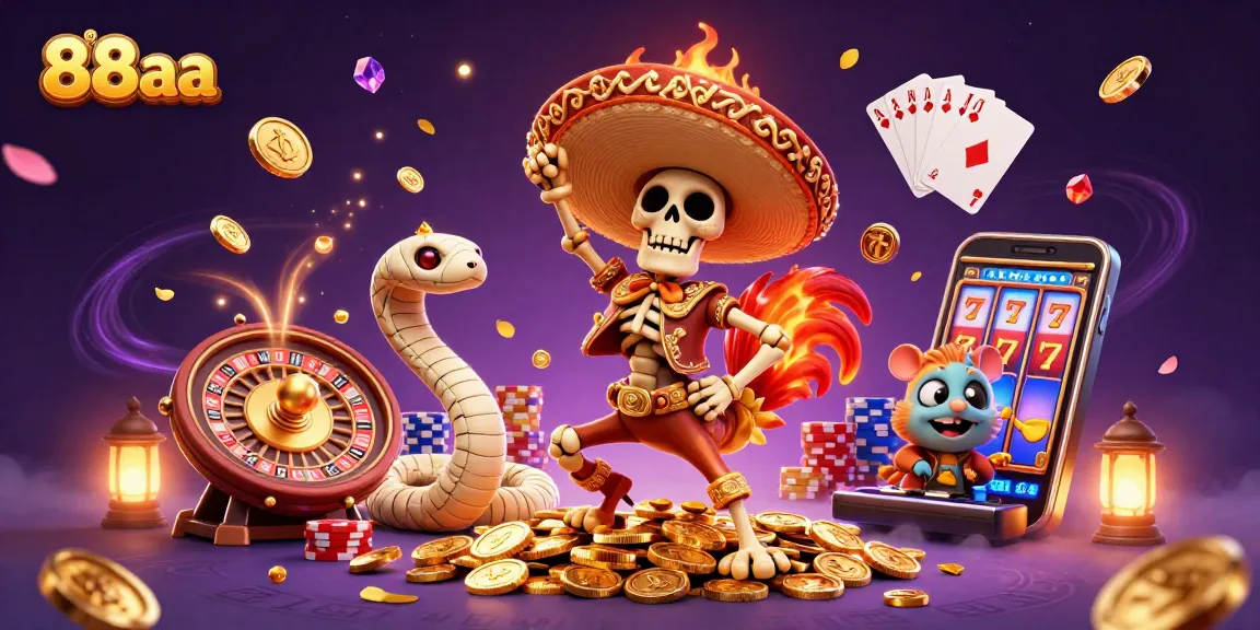 Experience thrilling wins at 88aa with vibrant casino characters celebrating over a jackpot of coins.