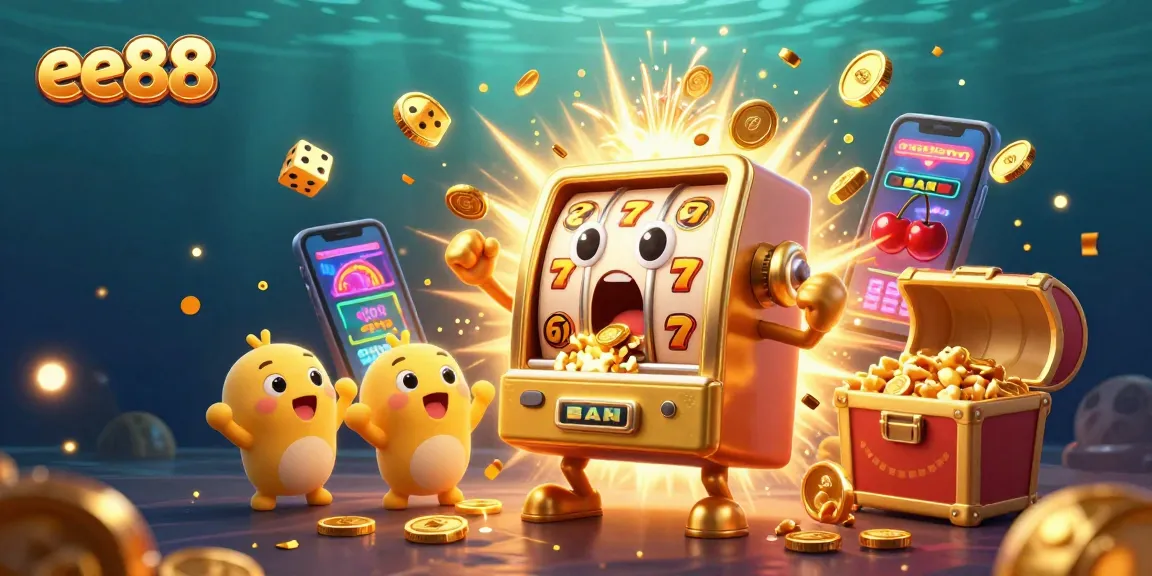 Experience excitement with ee88 as a cartoon golden slot machine celebrates a huge jackpot win surrounded by fun casino elements.