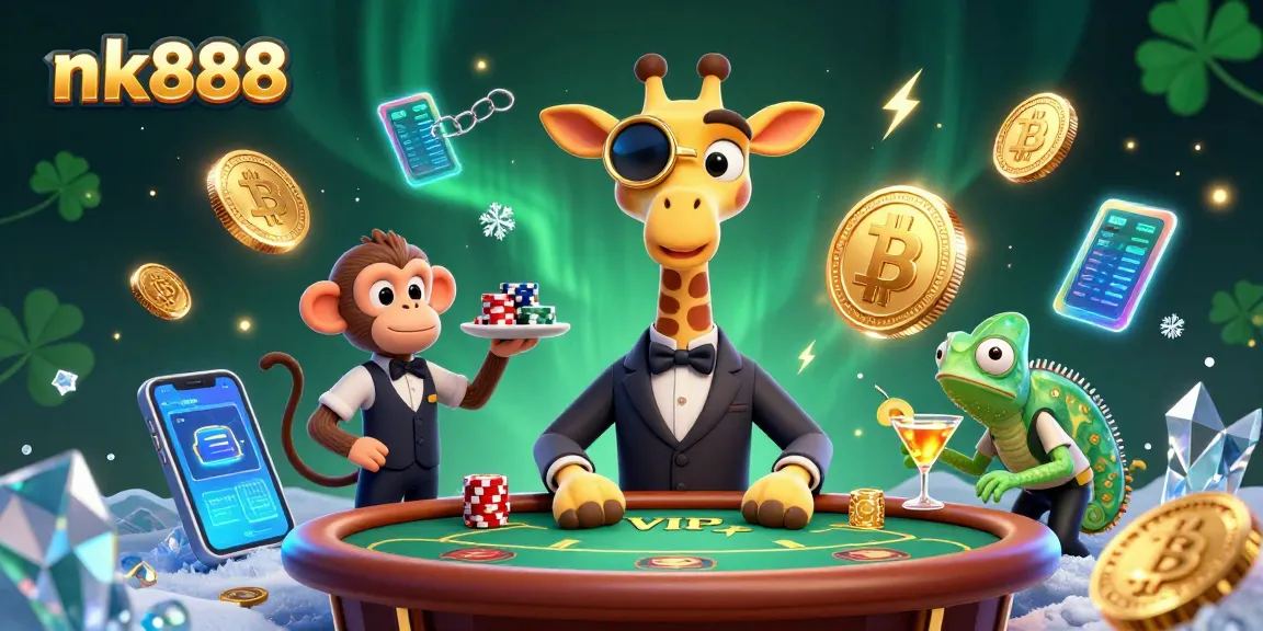 Experience the thrill of nk888 with a vibrant 3D casino scene featuring a high-roller giraffe.