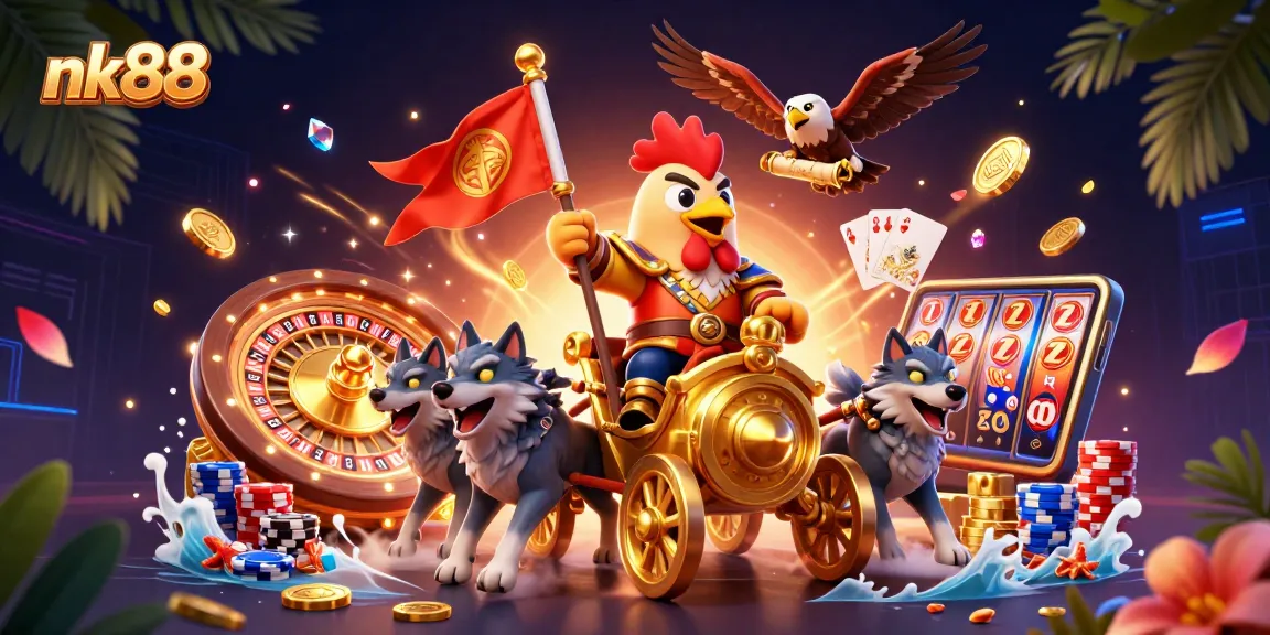 Experience thrilling gaming at nk88 with a captivating 3D scene of heroic characters and vibrant casino elements.